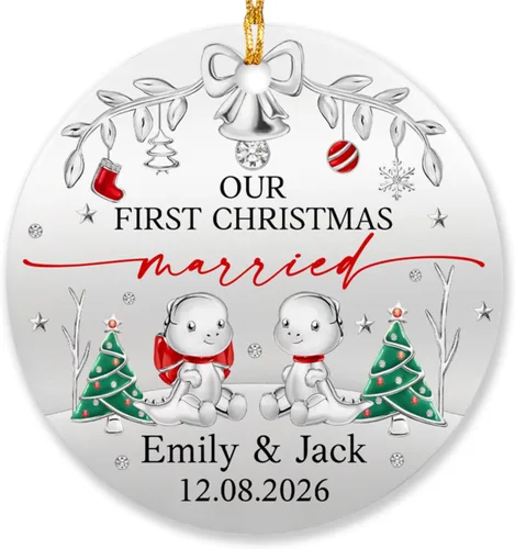 Vista 8 de Adorno de matrimonio de muñeco de nieve para pareja, adorno personalizado de primera Navidad para casados, con nombres personalizados y fecha
