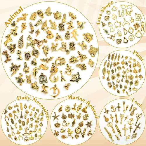Vista 5 de 400 piezas al por mayor de lotes a granel para hacer joyas, pequeños dijes de metal tibetano antioro surtidos surtidos para collares, pulseras Oro