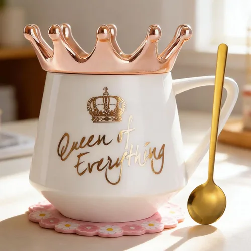 Vista 17 de Arawat Queen of Everything - Taza con tapa, taza negra dulce con corona de café, taza de 12 onzas, regalo con cuchara y posavasos, taza de té