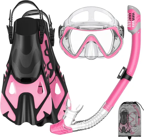 Vista 10 de Snorkeling Gear Set for Adults – Dry Top Snorkel Set, Panoramic Anti-Fog Mask, Adjustable Swim Fins – Travel Diving Kit with Storage Bag