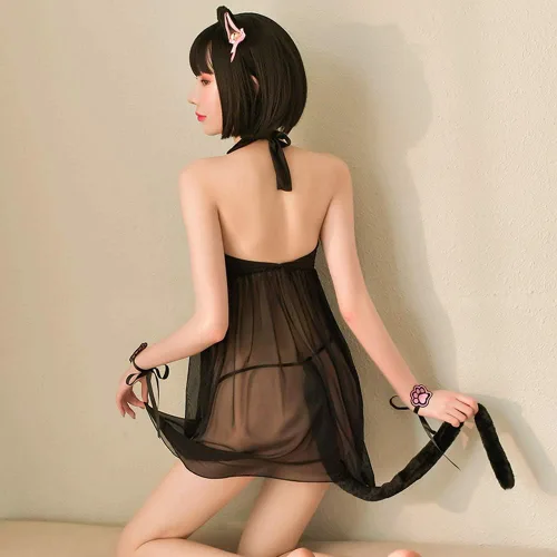 Vista 4 de Sexy Cat Cosplay Lencería Vestido Halloween Kawaii Anime Gatito Ojo de Cerradura Disfraz Lindo Traje de Mucama Japonesa Lolita Ropa