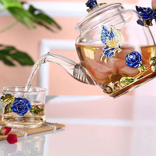 Vista 4 de Tetera creativa de cristal de flores para té de Kung Fu, buen regalo para hermana, mamá, abuela, profesores (rosa azul)