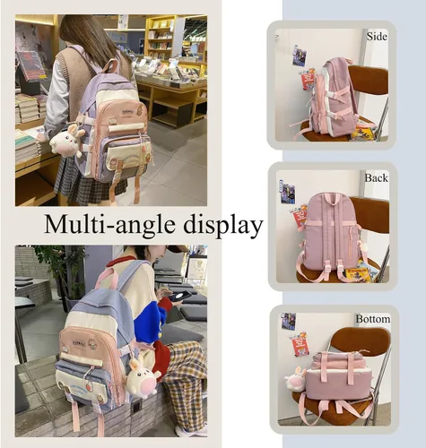 Vista 7 de YJMKOI Mochila Kawaii Girl con bonito colgante de muñeca de peluche, bonita mochila escolar primaria, mochila estética para niñas adolescentes