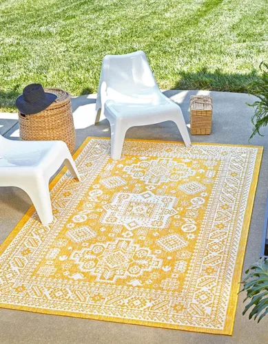 Vista 21 de Unique Loom Outdoor Aztec Collection Alfombra de área, Chalca (5 pies 3 pulgadas, octágono, aguamarina/marfil)