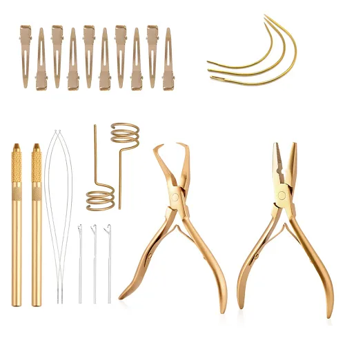Vista 12 de Kit de herramientas de extensión de cabello, alicates de acero inoxidable de color tostado, micro cuentas, gancho removedor de bucle, clips