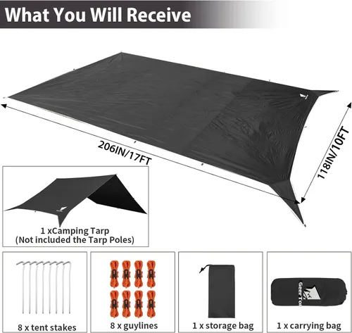 Vista 7 de GEERTOP Lona Grande de 17 x 10 pies Impermeable Portátil Mosca de Lluvia para Hamaca Toldo Exterior Lona de Refugio para Mochileros para Acampar