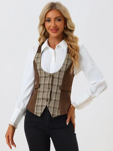Vista 4 de Allegra K Chaleco vintage para mujer, a cuadros, con botones, sin mangas, con panel de gamuza sintética, chalecos elegantes