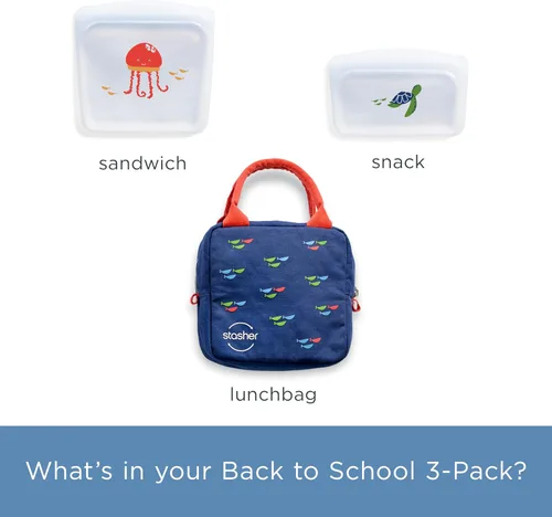 Vista 2 de Stasher - Colección de almuerzo reutilizable para niños, paquete de 3 con bolsa de almuerzo Food-Safe Silicone, BPA-Free, Leak-Free, Eco-Friendly