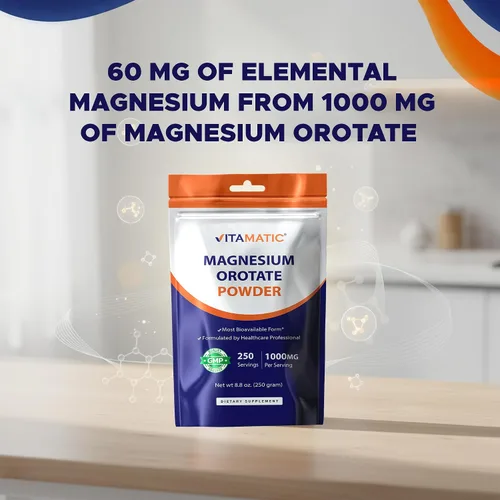 Vista 6 de Vitamatic Orotato de magnesio 1000 mg por porción apoya la salud muscular, las articulaciones y el corazón, 8.82 oz - 250 porciones