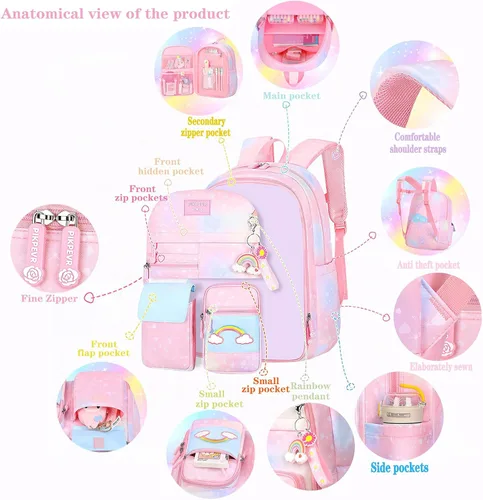 Vista 6 de Mochila para niñas con diseño de arco iris estrellado, mochila de gran capacidad, multifunción, a la moda, casual, bolsa de viaje para computadora