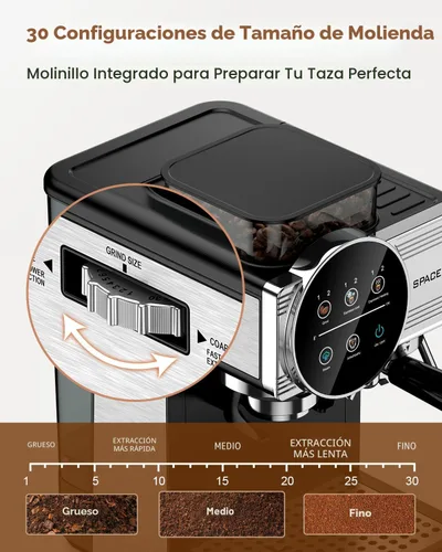 Vista 2 de Máquina de café expreso con molinillo y espumador, 30 ajustes de molienda Brushed Silver
