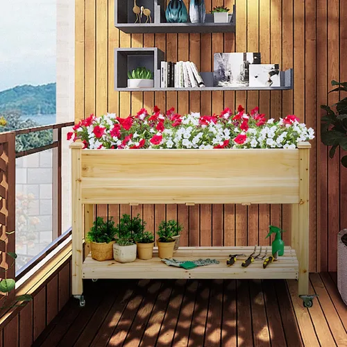 Vista 3 de COSTWAY Cama de jardín elevada con ruedas, maceta de madera con estante de almacenamiento para verduras, flores y hierbas, maceta elevada para patio