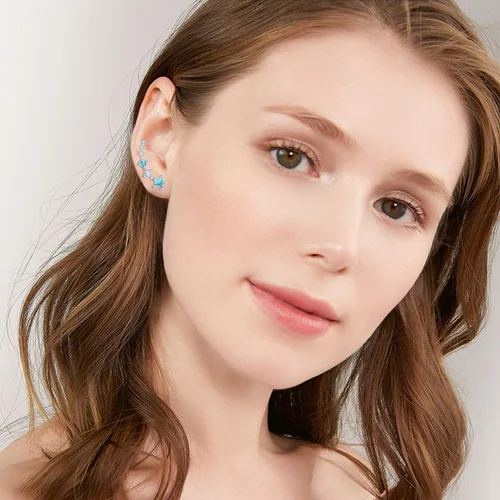 Vista 4 de Dreamboat Aretes de trepadores de orejas de estrella para mujeres y niñas, aretes de plata de ley, aretes envolventes de piedra lunaágata musgoópalo