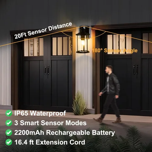 Vista 6 de OKELI Luces de porche para exteriores, con sensor de movimiento del atardecer al amanecer, farol solar de pared, panel separado y batería Negro B