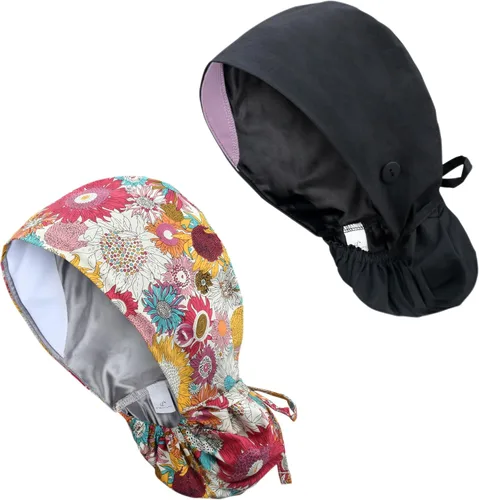 Vista 25 de Gorra médica con forro de satén con bolsillo para cola de caballo, gorro de enfermera médica de algodón con banda elástica para el sudor