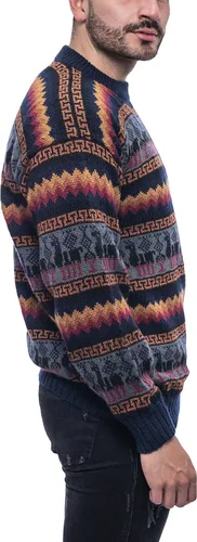 Vista 3 de Gamboa Suéter de alpaca hecho a mano con cuello redondo - Azul océano con Llamitas y diseño geométrico