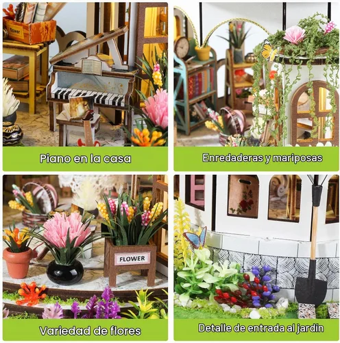 Vista 2 de Kit de casa en miniatura para bricolaje, kit de rincón de libro con luz LED, rompecabezas de madera 3D, kit de construcción de decoración de Jardín
