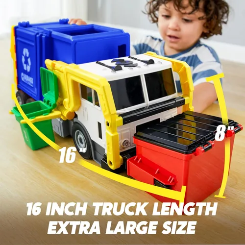 Vista 5 de JOYIN Juego de juguetes de camión de basura de fricción grande, incluye 1 contenedor, 3 cubos de basura y 30 tarjetas de aprendizaje para niños, Azul