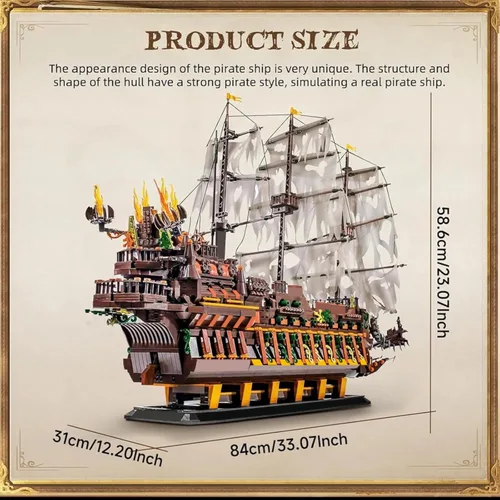 Vista 6 de Mould King Kits de Bloques de Construcción de Modelo de Barco Pirata Grande, Bloque de Construcción de Barco Pirata Holandés MOC para Construir