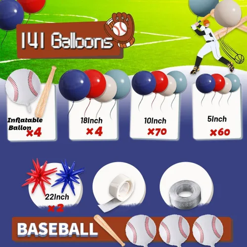 Vista 2 de Kit de arco de guirnalda de globos de béisbol, 141 unidades, rojo, blanco, azul profundo, azul crepúsculo con globos de estrella de bate de béisbol