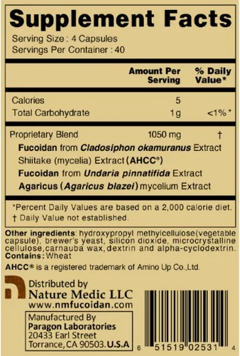Vista 6 de Fucoidan Powered with AHCC Suplemento inmunitario de algas marrones con alta pureza Mekabu Mozuku Agaricus 1 botella - 160 cápsulas vegetales