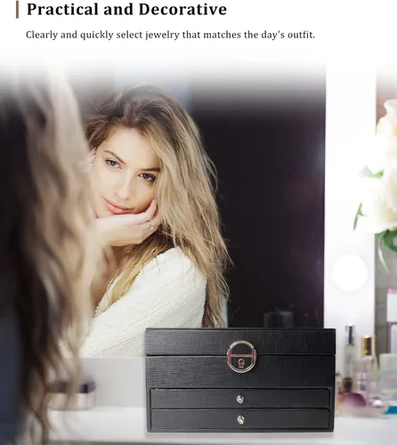 Vista 5 de Caja de almacenamiento de joyas cajas organizadoras de joyas grandes de 3 capas para mujeres y niñas vitrina de joyería de piel sintética con 2