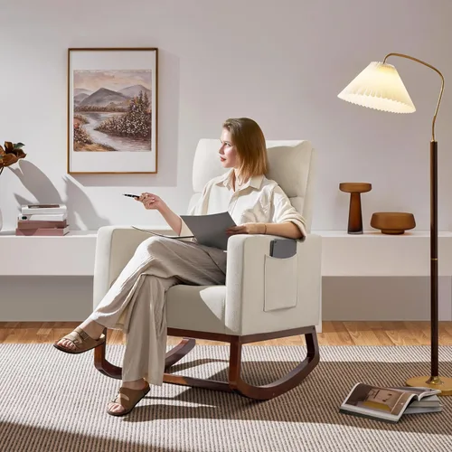 Vista 4 de Yaheetech Mecedora, moderna silla deslizante, sillón reclinable con patas de madera y bolsillo lateral, silla mecedora para guardería con respaldo