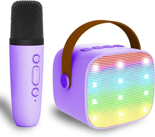 Vista 9 de Mini máquina de karaoke para niños y adultos, juguetes para niños y niñas, regalos para niñas y niños, altavoz Bluetooth con 2 micrófonos Beige