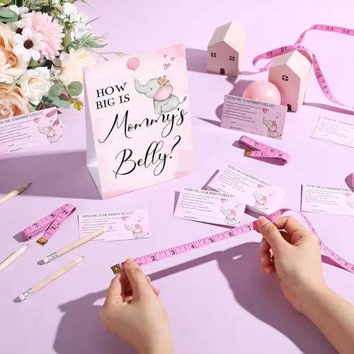 Vista 18 de Sabary 64 Piezas Juegos de Baby Shower Incluyen Letrero How Big is Mommy's Belly Sign Measure Bump Game 50 Tarjetas 10 Lápices 3 Cintas Métricas