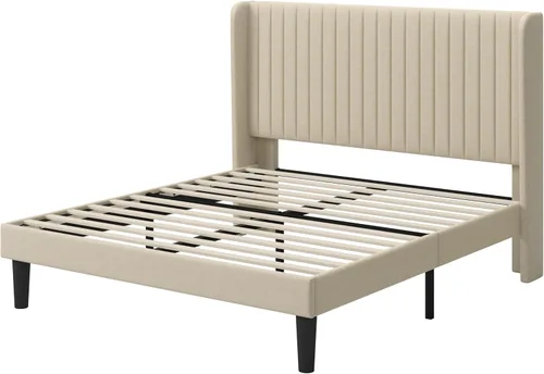 Vista 8 de GOLDORO Marco de cama abatible tamaño Queen, cabecera tapizada vertical con botones en forma de ala, soporte de listones de madera, no necesita Beige