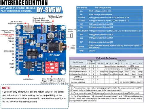 Vista 2 de 2 unids placa de módulo de reproducción de voz reproductor de MP3 Módulo de voz de música, 5W 64MBit Flash Serial Control SD/TF Tarjeta IO