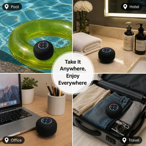 Vista 7 de Altavoz de ducha Bluetooth con LED – Altavoz mini inalámbrico portátil con micrófono y ventosa, resistente al agua IPX4 para ducha, viaje, piscina