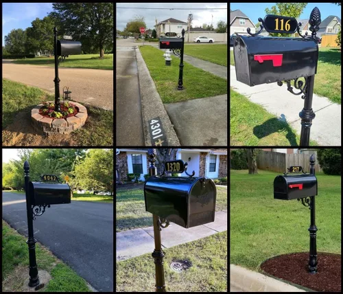 Vista 3 de Charleston sistema de buzón y poste – Buzón negro resistente a la oxidación – Incluye placa de dirección, números, pergamino y accesorios de montaje
