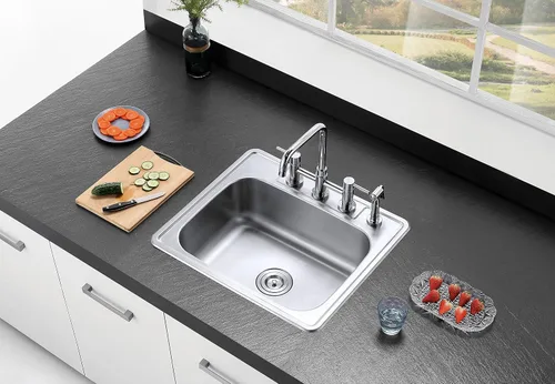 Vista 2 de Kingston Brass Gourmetier GKTS2522 - Fregadero de cocina de acero inoxidable de calibre 22, 4 agujeros, con borde automático, acero inoxidable