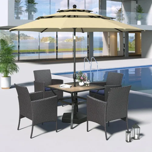 Vista 19 de MFSTUDIO Juego de comedor al aire libre para 4, juegos de comedor de 5 piezas, mesa de patio y sillas para 4 con paraguas, juego de muebles de Beige