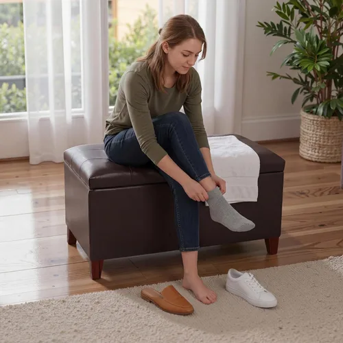 Vista 5 de Joveco Banco Otomán de Almacenamiento, 33 Pulgadas de Cuero Sintético Rectangular con Capitoné, Taburete para los Pies al Pie de la Cama