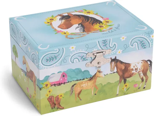 Vista 4 de Jewelkeeper Caja de almacenamiento de joyería musical para niña con caballo giratorio, paquete de diseño de granero con caja de almacenamiento