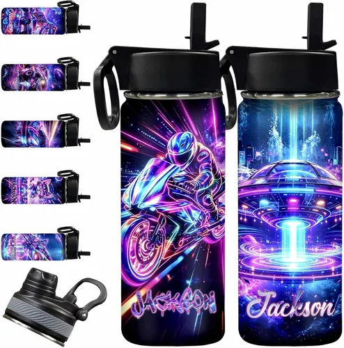 Vista 7 de InterestPrint Botella de agua personalizada para niños de 18 onzas con tapa de pajilla, botella de agua aislada de doble pared de acero inoxidable