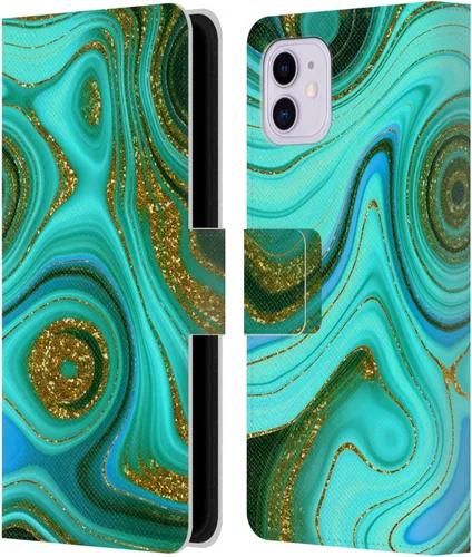 Vista 7 de Head Case Designs UtArt - Funda con licencia oficial de UtArt para iPhone 11 (piel tipo libro con diseño de olas de malaquita y esmeralda)