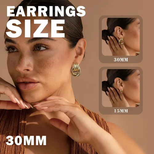 Vista 3 de Aretes gruesos de nudo dorado para mujer, aretes de eslabones largos con diseño geométrico de oro y plata