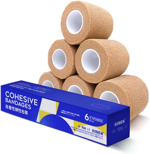 Vista 12 de RISEN Vendaje Cohesivo 2" x 5 Yardas, 6 Rollos, Vendaje Autoadherente Cinta Médica, Gasa de Primeros Auxilios Adhesiva Flexible Transpirable Ideal
