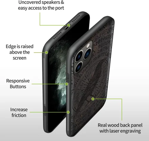 Vista 9 de Carveit Funda de madera para iPhone 11 Pro [madera natural y TPU suave negro] a prueba de golpes, protector de teléfono de madera único compatible
