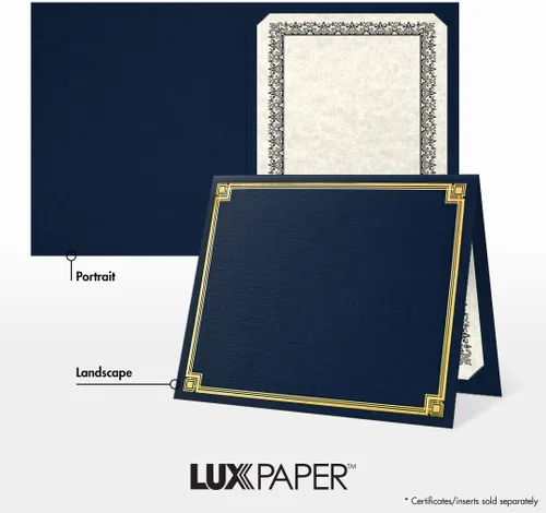 Vista 3 de LUXPaper Porta certificados de 9.5 x 12 pulgadas, lino azul náutico, borde de lámina dorada en relieve, cubierta de 100 libras, 25