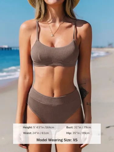 Vista 3 de CUPSHE Conjunto de bikini de dos piezas para mujer, traje de baño de cintura alta con cuello redondo