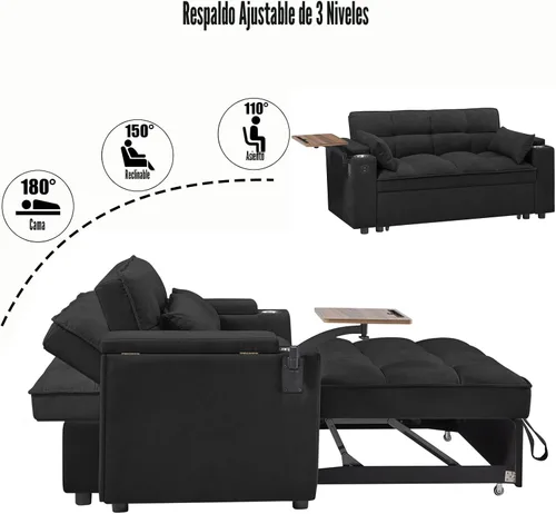 Vista 5 de Auvsoce – Sofá cama convertible de 65 pulgadas con respaldo ajustable, silla reposera, mesa lateral y puertos USB/Type-C – Añadido elegante y Sofá