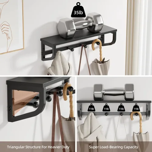 Vista 2 de Perchero de pared, estante de pared de madera con ganchos, colgador de pared con 4 ganchos de metal, organizador de perchero montado en la pared