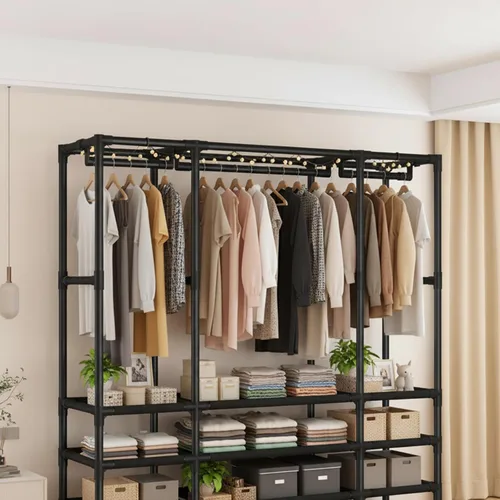 Vista 3 de Armario portátil para colgar ropa, armario de estilo japonés, perchero con 1 varillas para colgar, 2 estantes de almacenamiento, 27.5 pulgadas