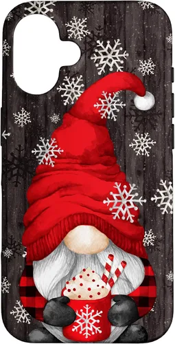 Vista 31 de iPhone 14 Pro Gnomo de Navidad rojo para mujeres con taza de cacao caliente lindo estuche de Navidad