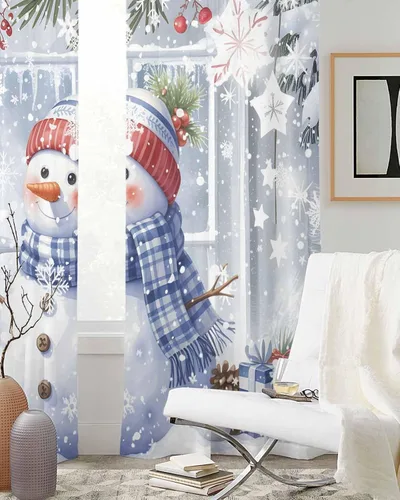 Vista 3 de Cortinas traslúcidas de invierno con diseño de muñeco de nieve de 63 pulgadas de largo, juego de 2 paneles de cortinas para cocina, dormitorio, sala