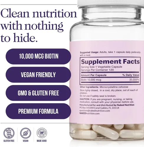 Vista 5 de NAKED Biotin 10,000mcg - Max Strength Vitamin B7 Supplement for Healthy Hair, Skin & Nails Support - Non-GMO, Gluten-Free, Vegan - Supports Keratin